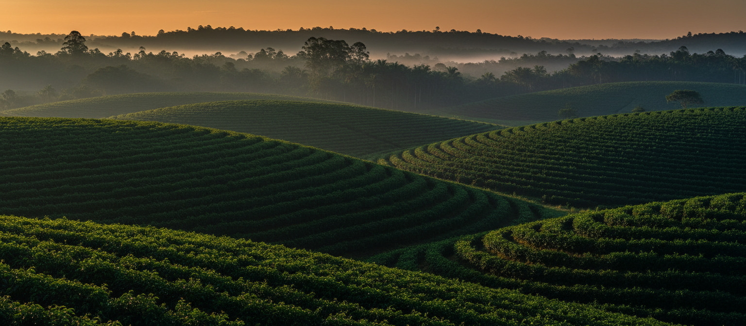 Brazilian coffee plantation at dawn with mist and lush green plants