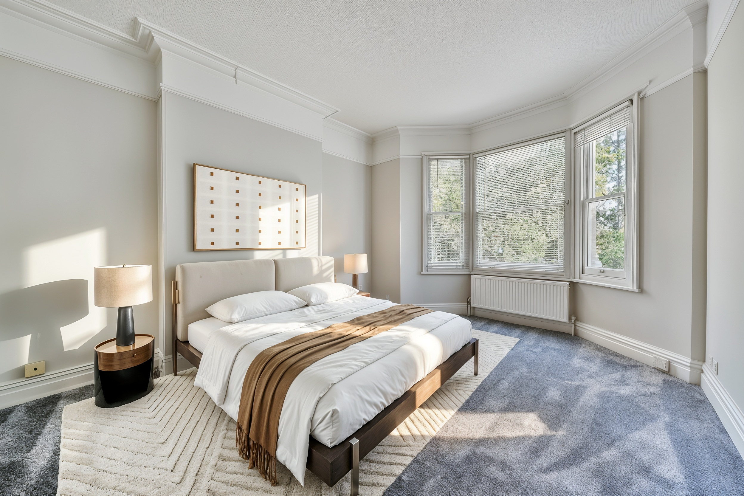 Before and after virtual staging of an empty bay window bedroom for a UK property listing