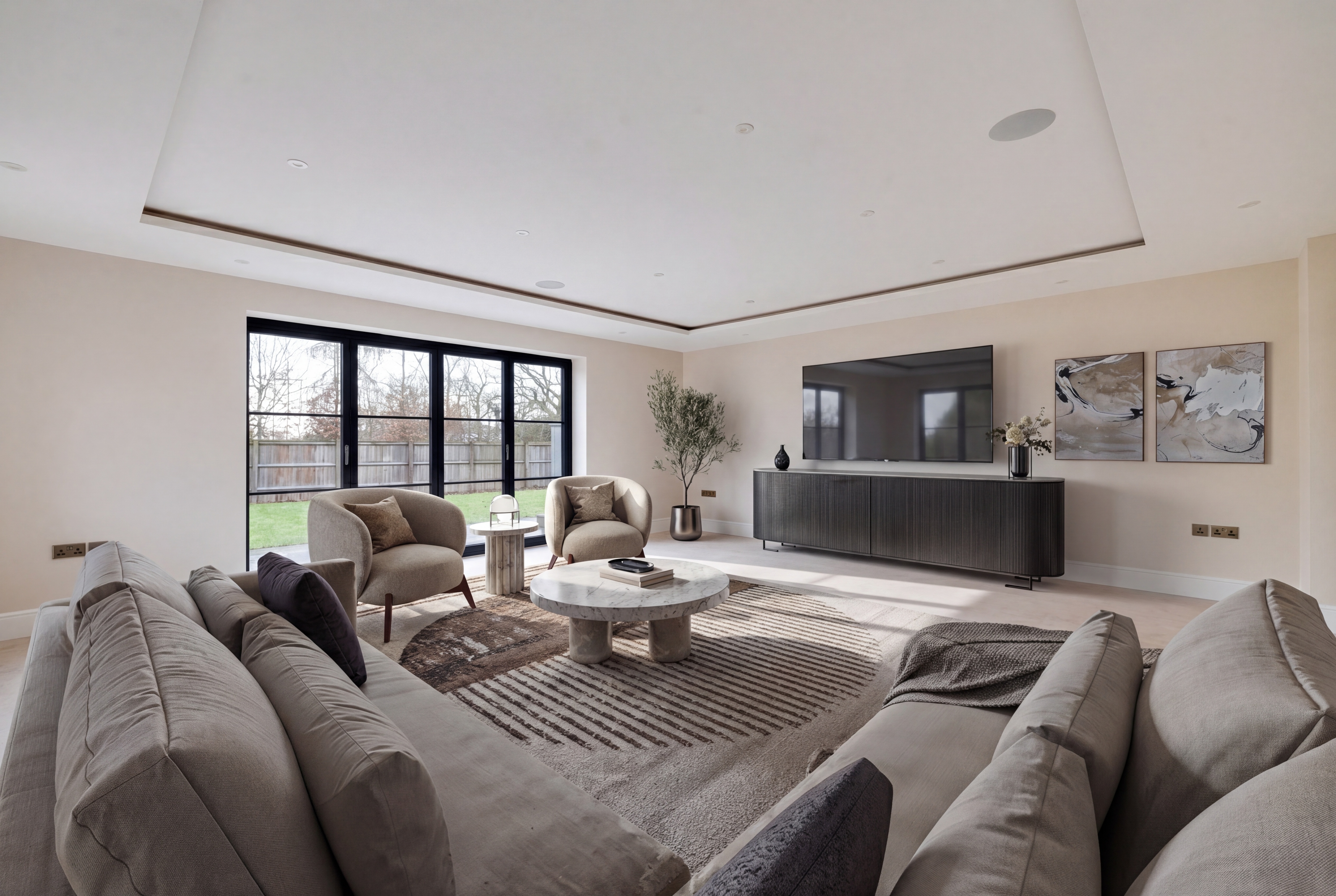 Before and after virtual staging of an empty contemporary family living room