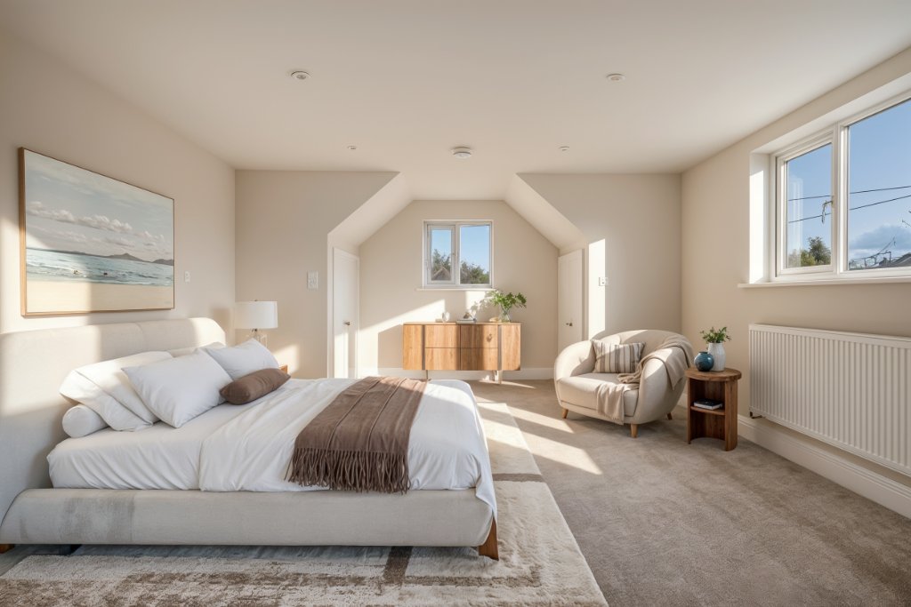 Before and after virtual staging of an empty principal bedroom for a UK estate agent listing