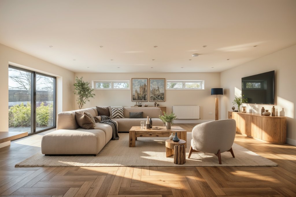 Before and after virtual staging of an empty open-plan living room for a UK property listing