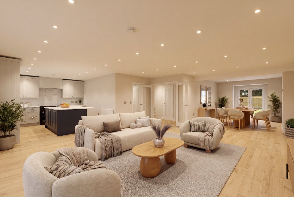 Before and after virtual staging of an empty open-plan family kitchen and living area for a UK property listing