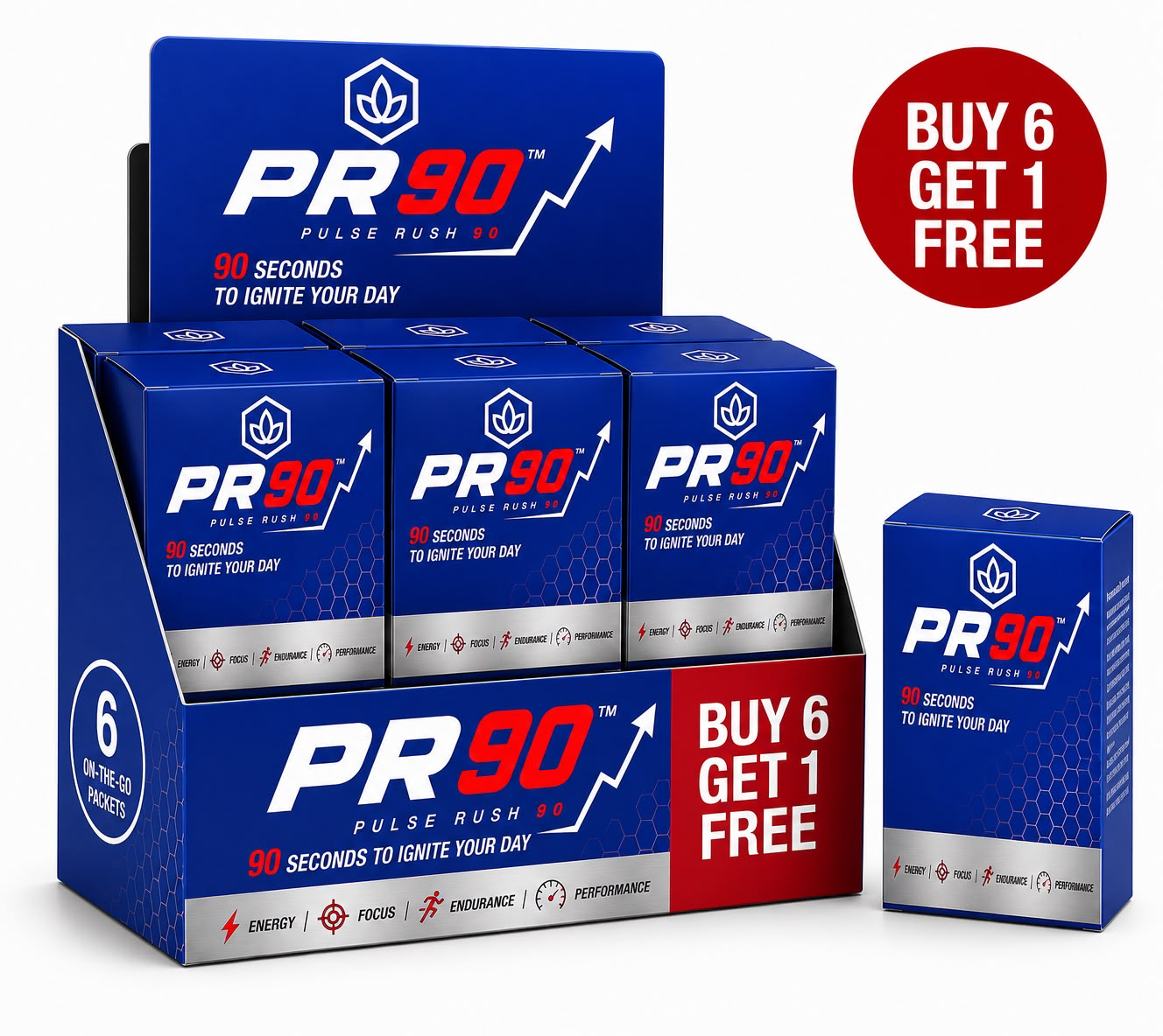 PR90 Buy 6 Get 1 Free display — 7 boxes