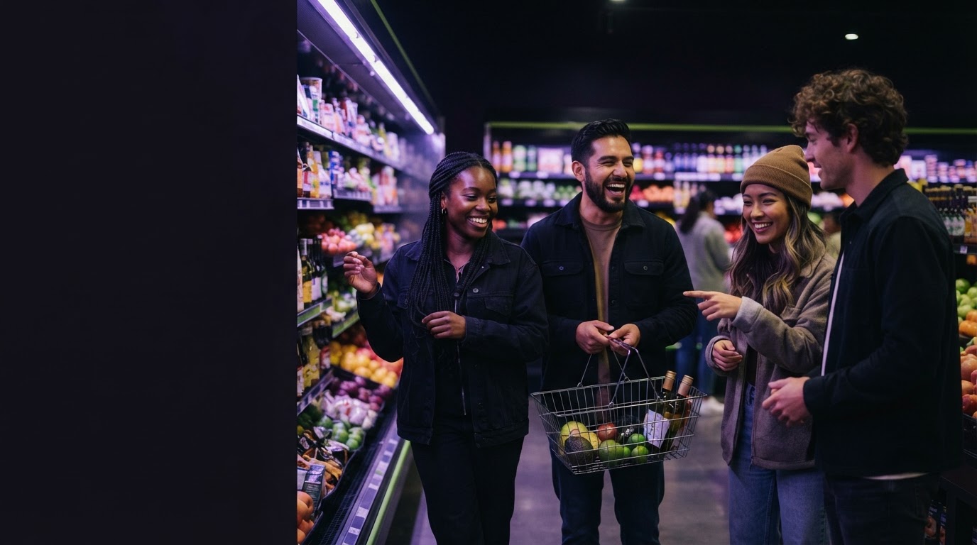 Grupo de jovens adultos em um mercado urbano noturno com iluminação violeta