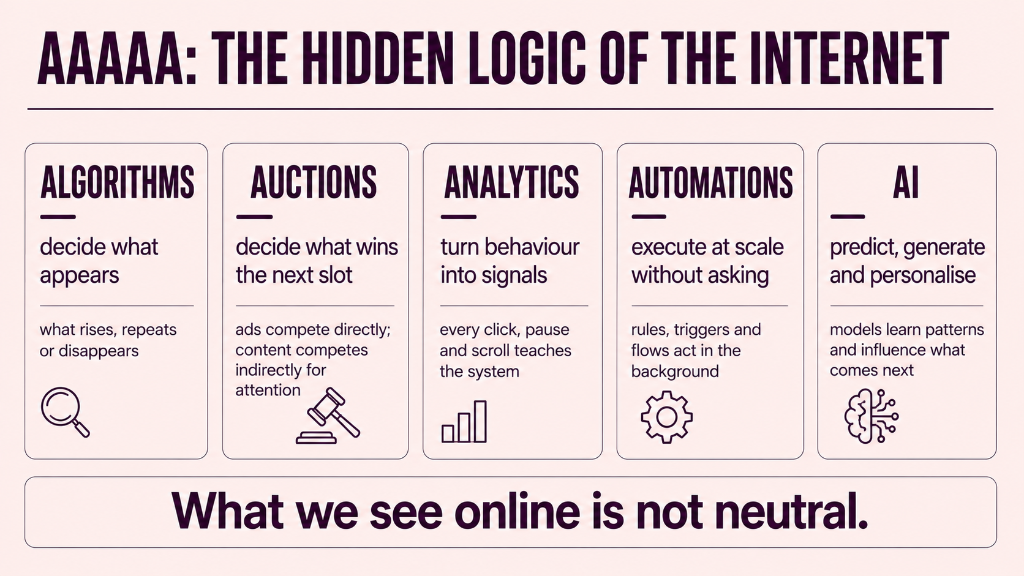 AAAAA: The Hidden Logic of the Internet — Algorithms, Auctions, Analytics, Automations, AI