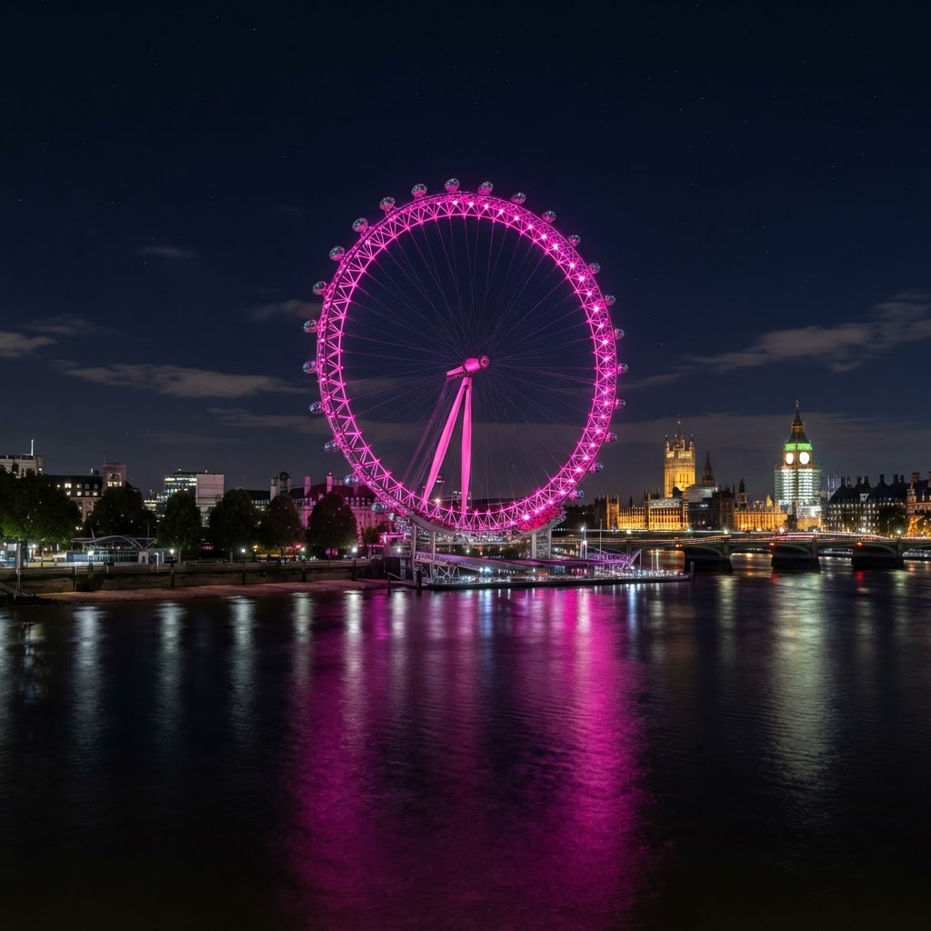 The London Eye lit pink at night