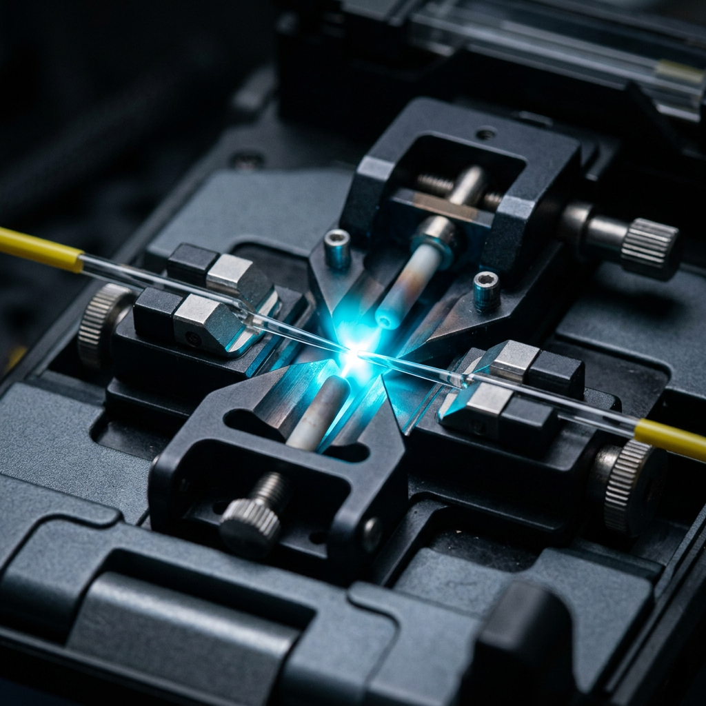 Close-up of fusion splicing machine joining fiber optic strands