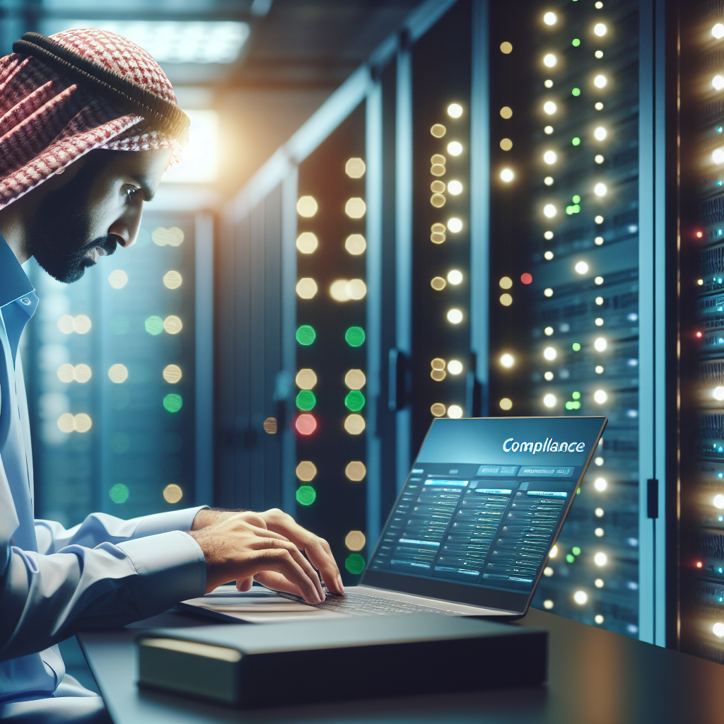 Network engineer reviewing compliance dashboard in server room