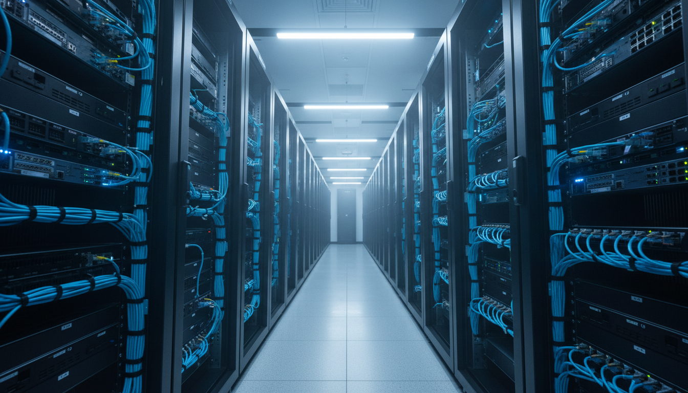 Data center server room with organized structured cabling and blue LED lighting