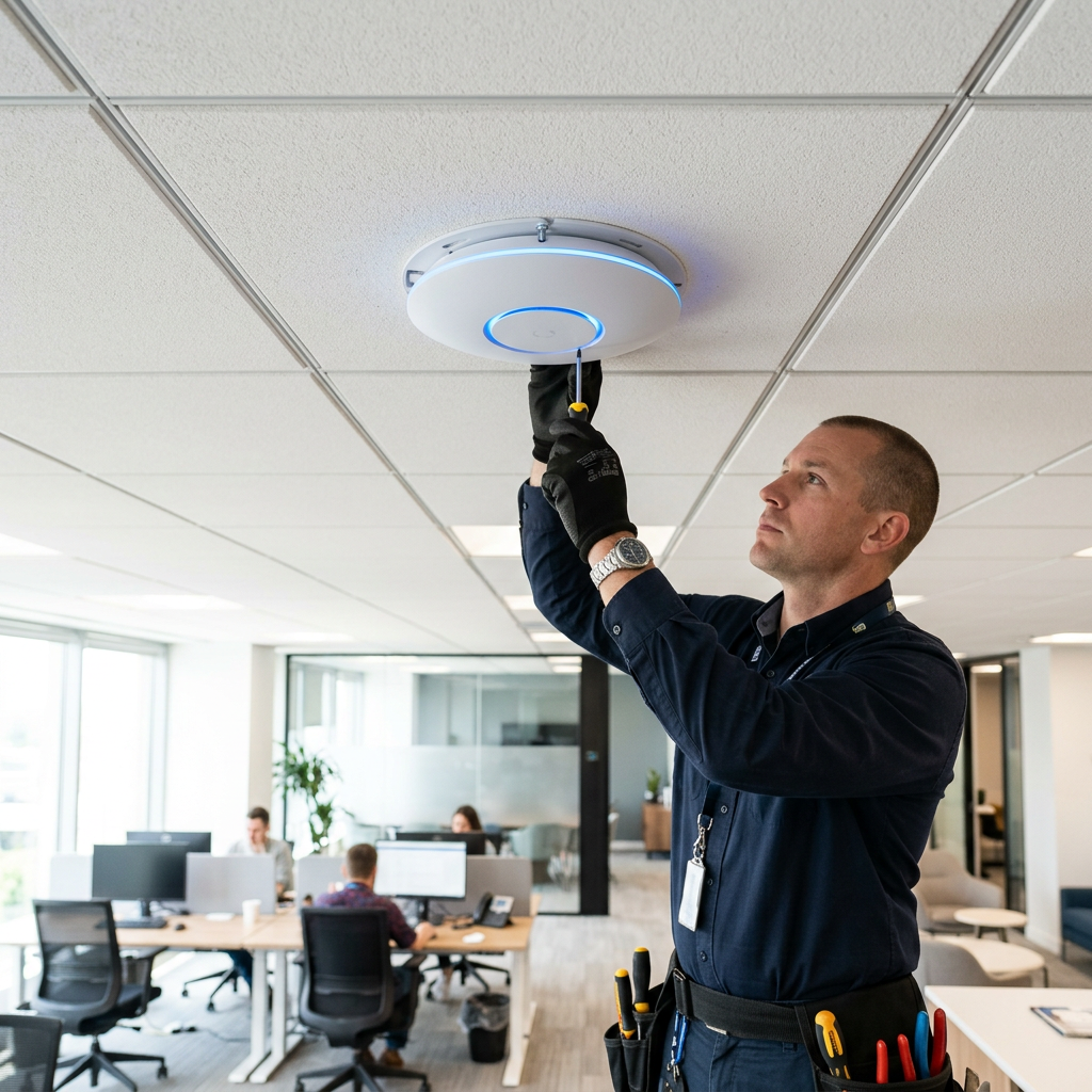 Technician mounting ceiling wireless access point with illuminated LED ring