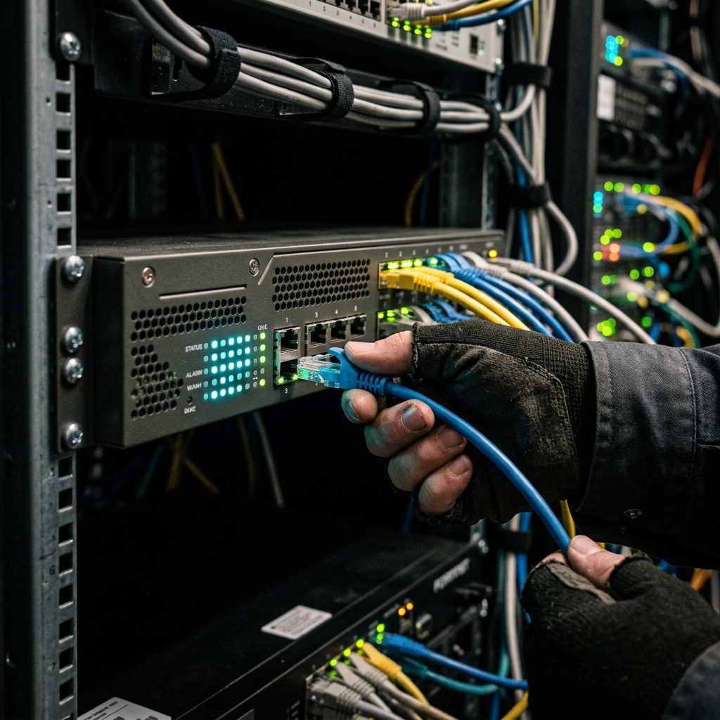 Technician plugging ethernet cable into enterprise firewall appliance
