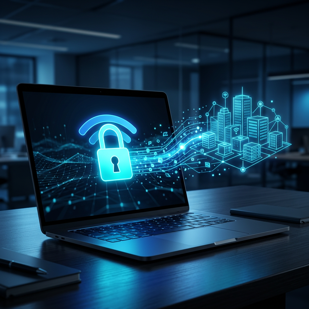 Laptop with padlock icon connecting to secure office network
