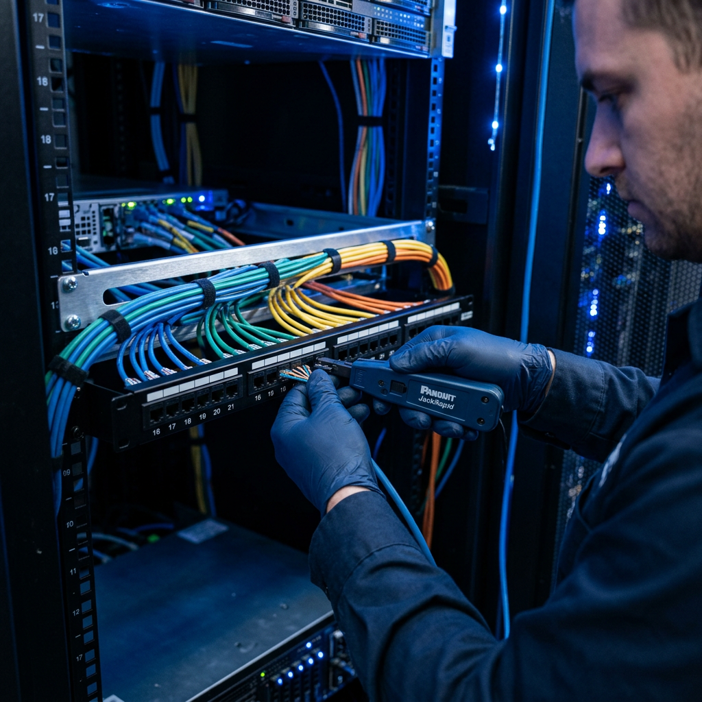 Technician terminating Cat6 cables into a patch panel