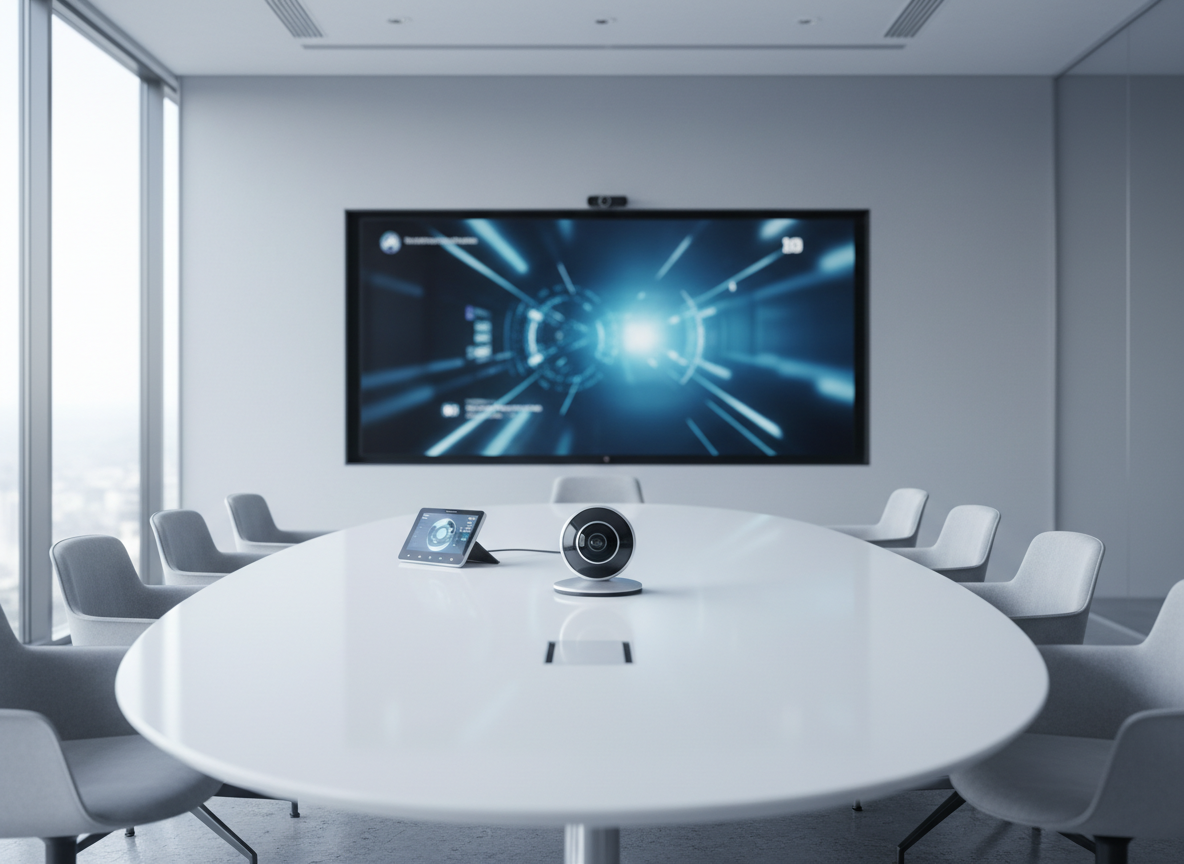 Clean boardroom with IP phone and meeting room camera setup