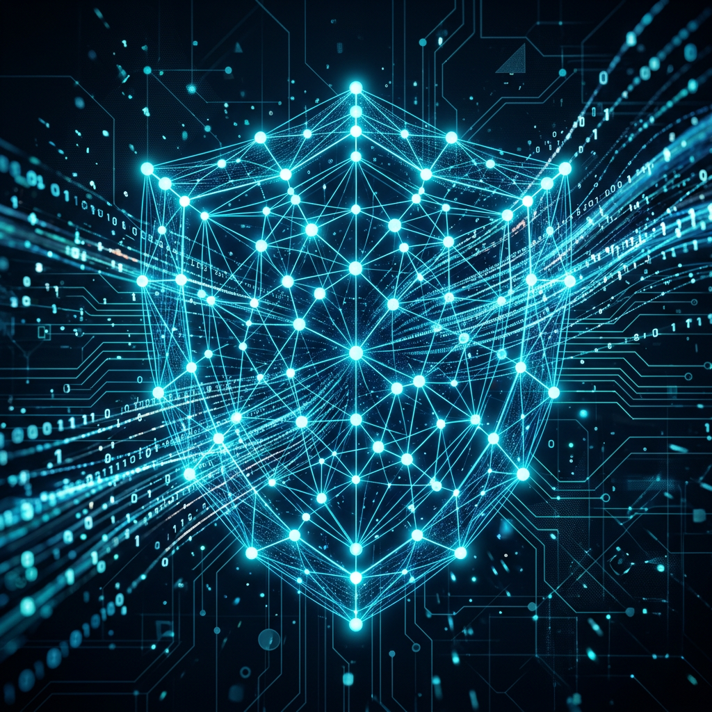 Abstract digital shield with AI neural network visualization