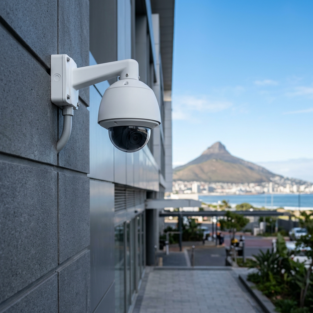 Modern IP CCTV dome camera mounted on exterior commercial wall