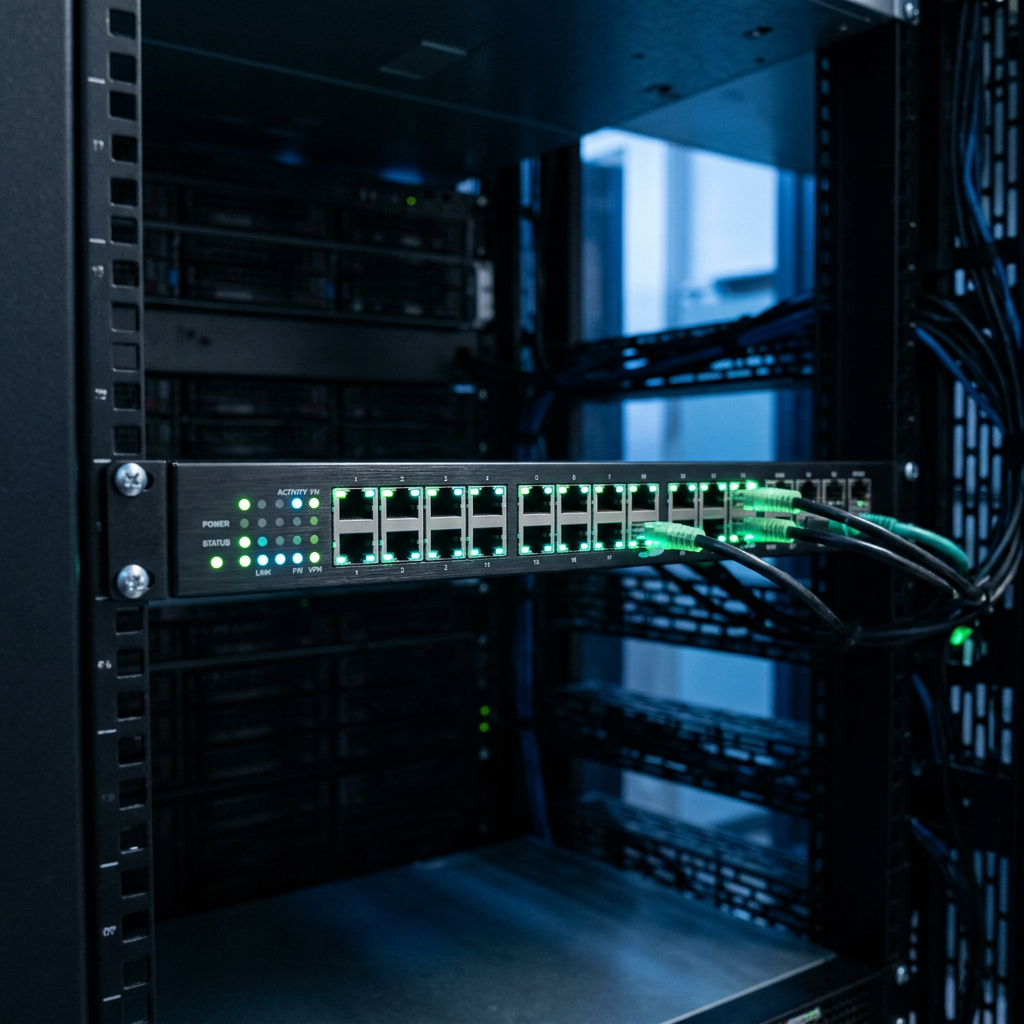 Rack-mounted security appliance with glowing ethernet ports