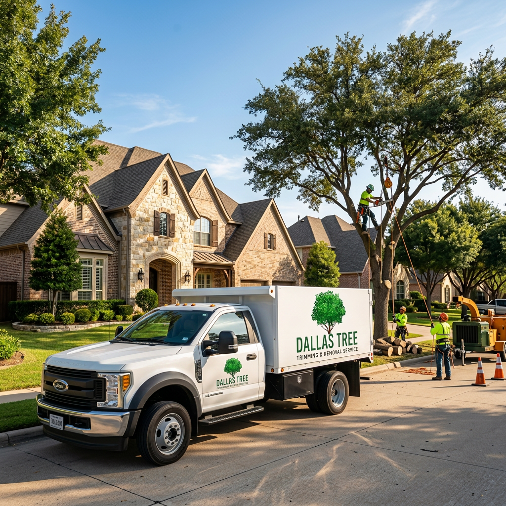 Professional tree service crew working in a Dallas residential neighborhood