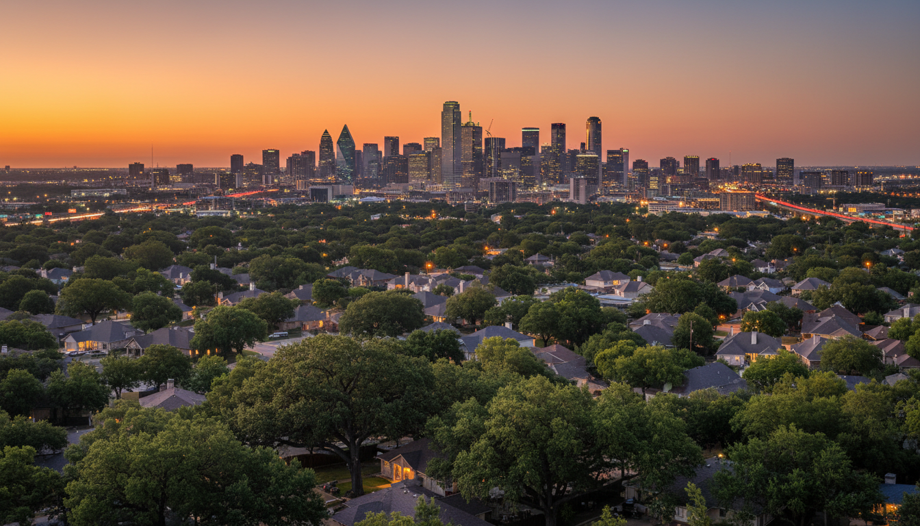Dallas Texas skyline with mature trees