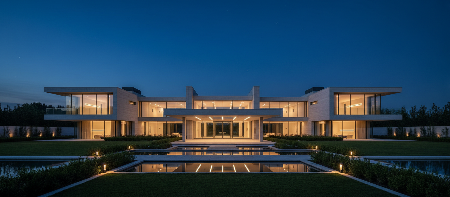 Modern vacant estate at dusk with architectural purity