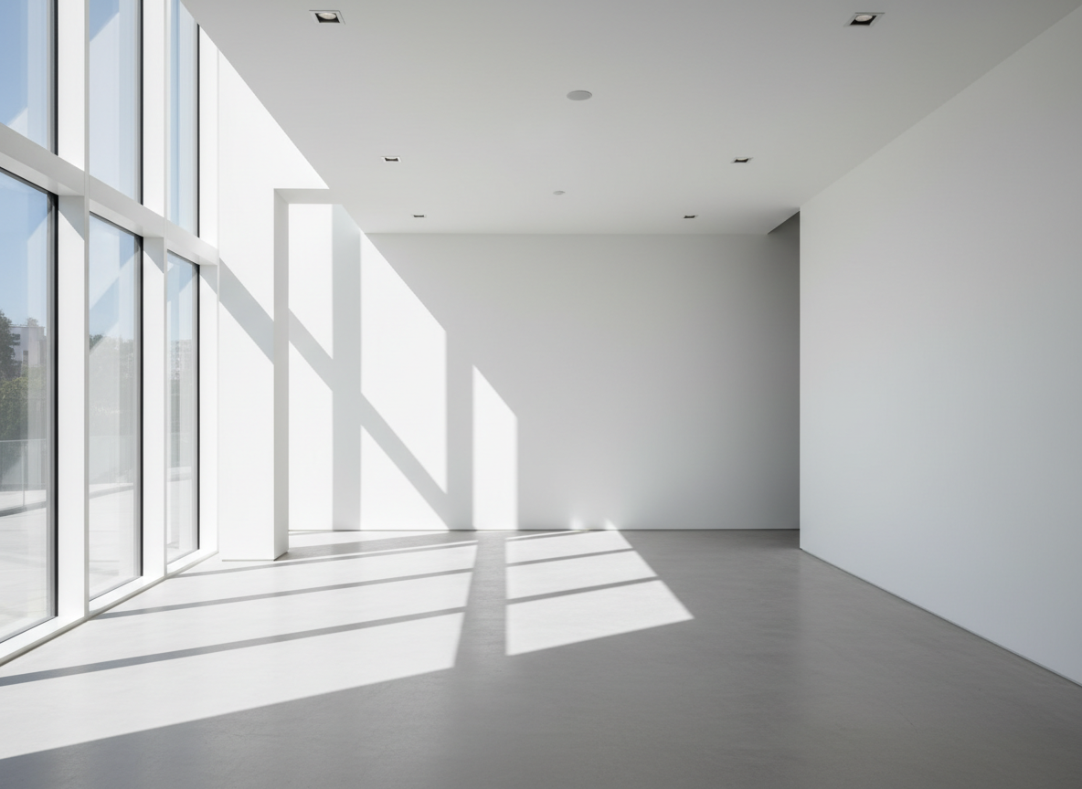 Minimalist preserved interior with pristine white walls and geometric shadows