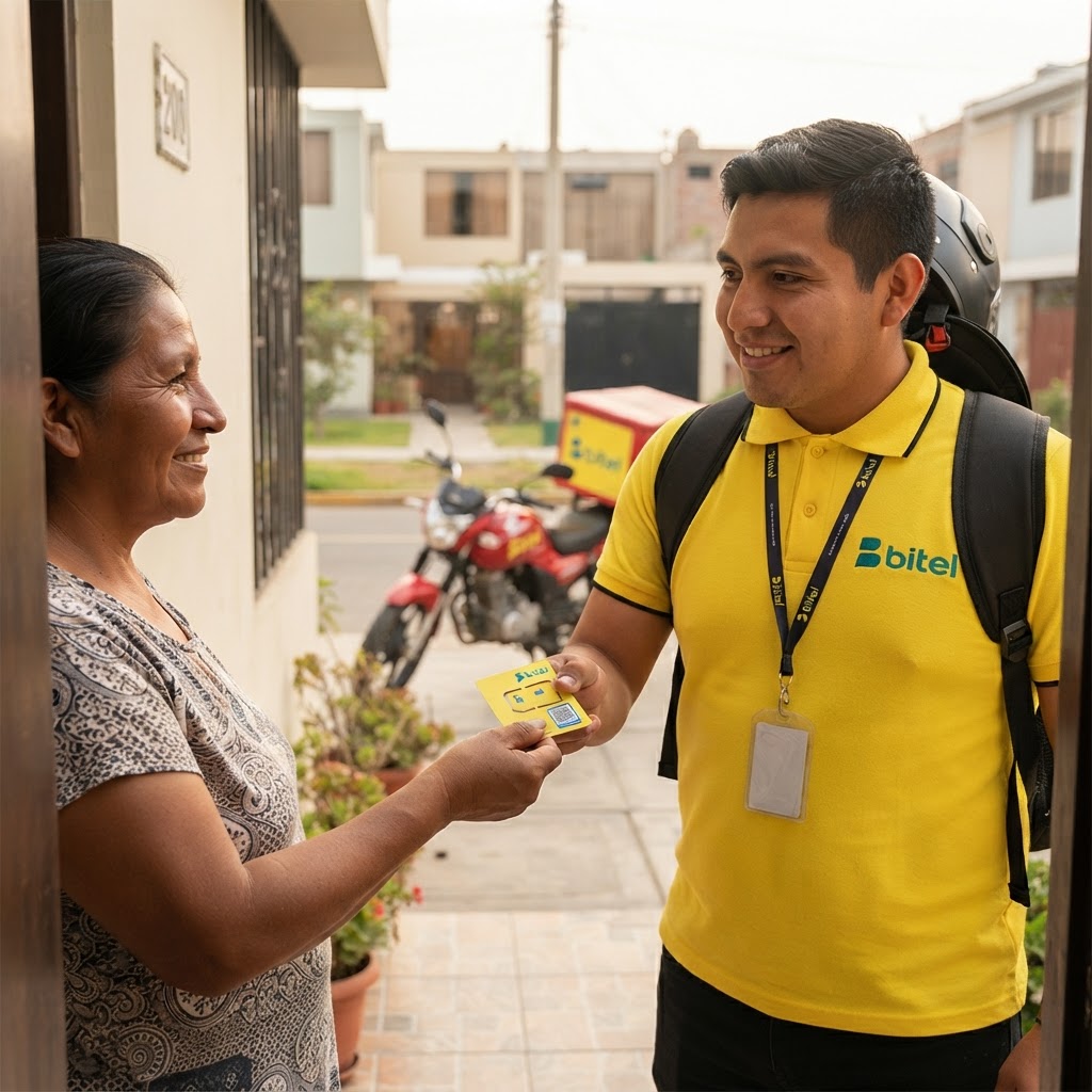Repartidor entregando chip Bitel por delivery