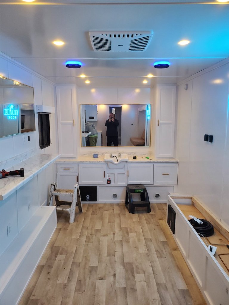 Salon trailer marble vanity with large mirror