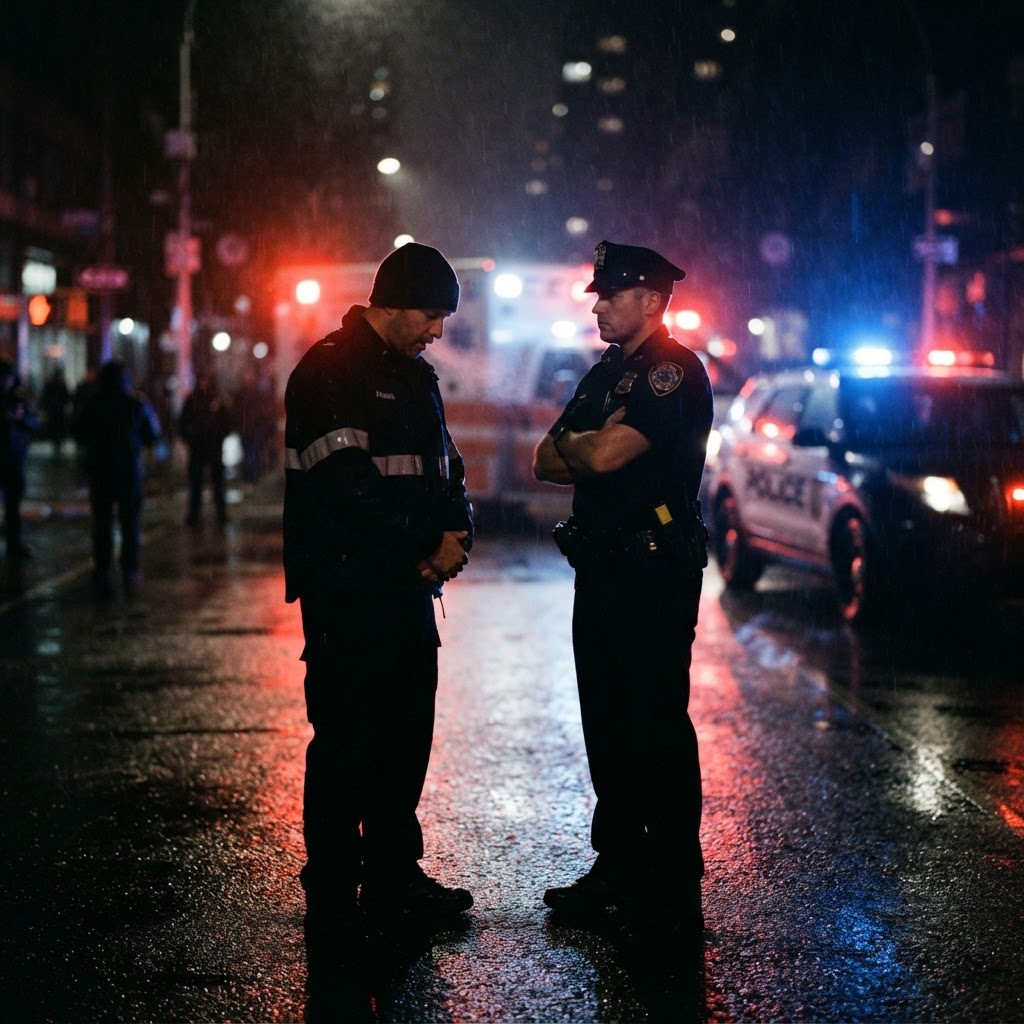 First responders in silhouette under emergency lights