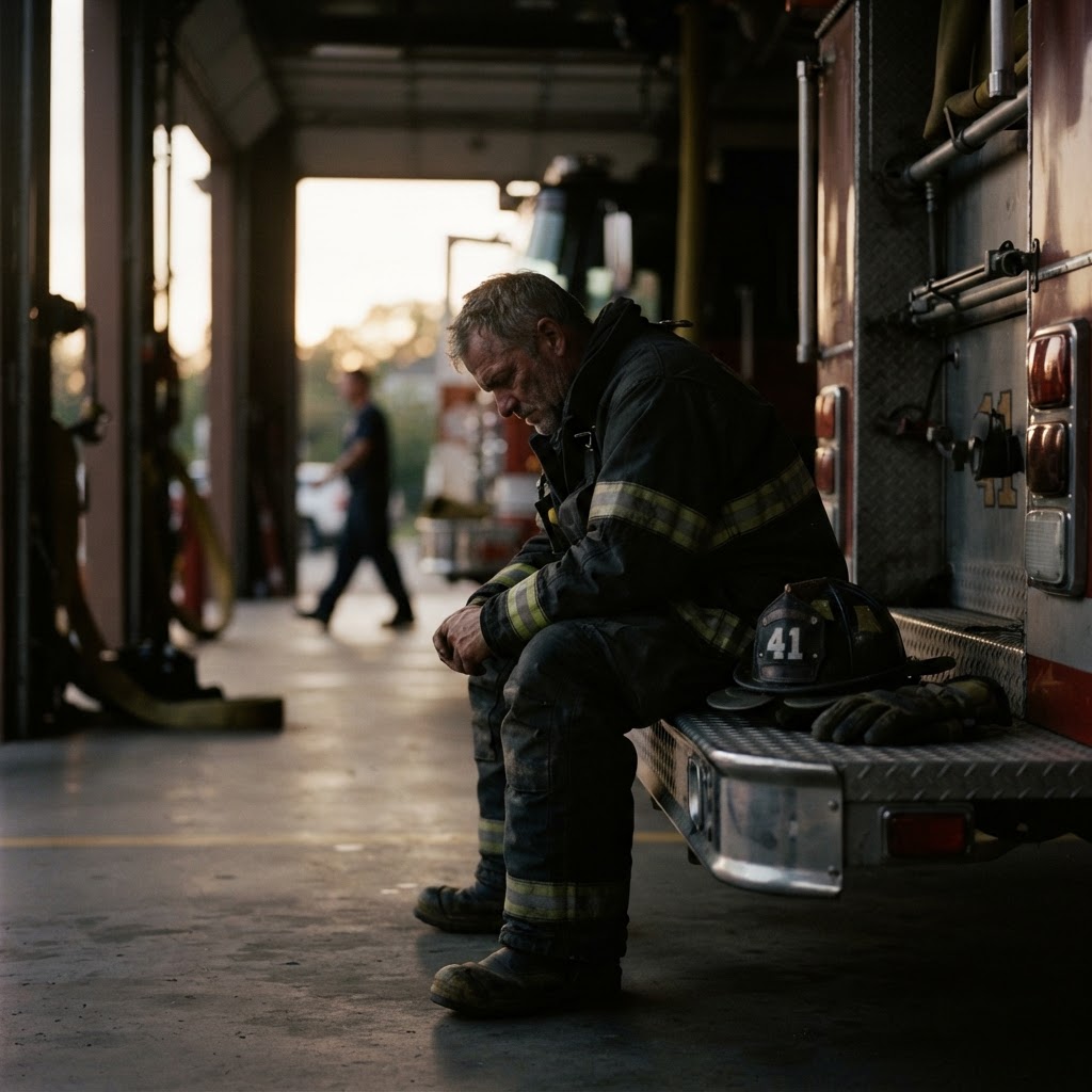A firefighter in quiet reflection at dusk