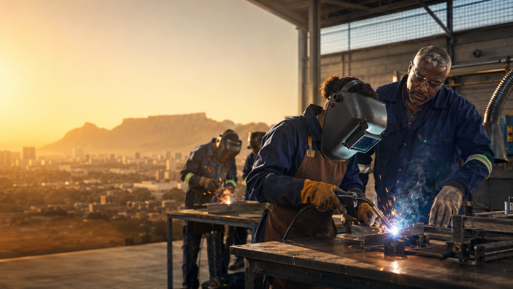 Young South African welding trainee with mentor — practical artisan skills development