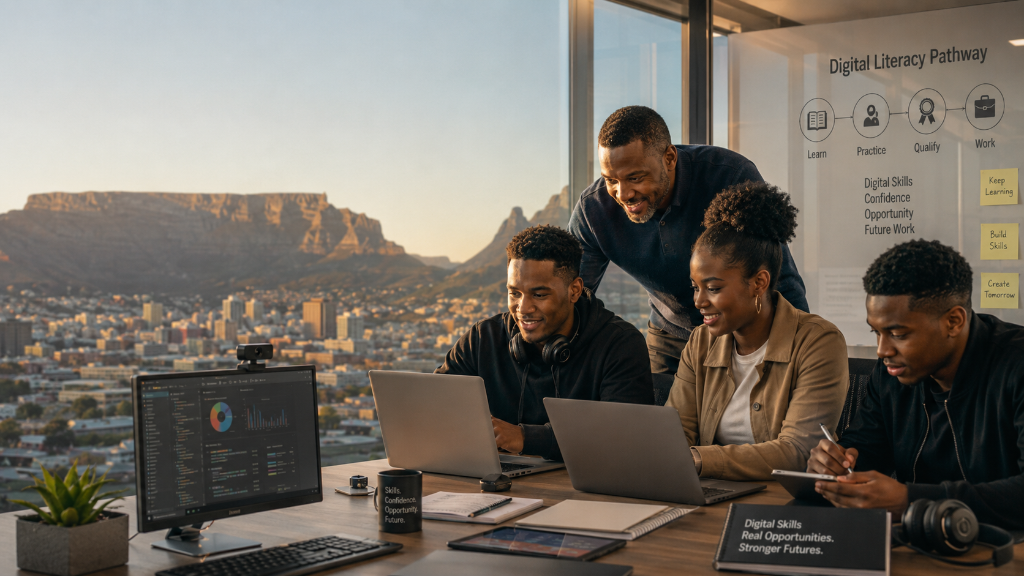 Young South African hospitality trainees learning professional service with mentor — Swift Skills Foundation hospitality skills pathway Cape Town