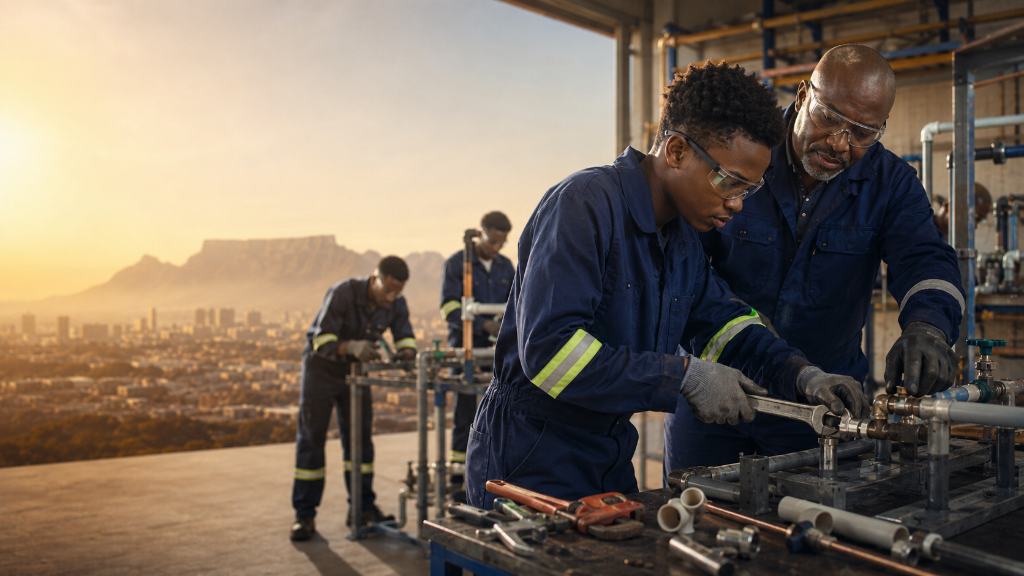 Young South African plumbing trainees with mentor support — practical trade skills development Cape Town
