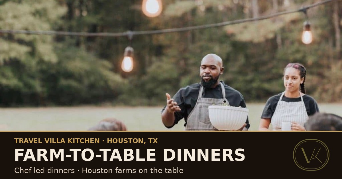 A chef presenting a dish to guests at a candlelit farm table
