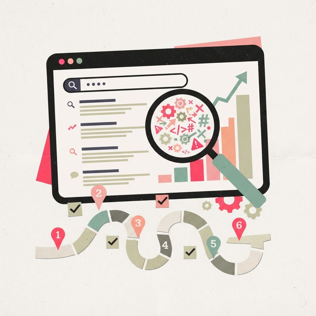Retro collage illustration of an SEO diagnostic: a browser window with search results and charts examined through a magnifying glass beside a numbered roadmap