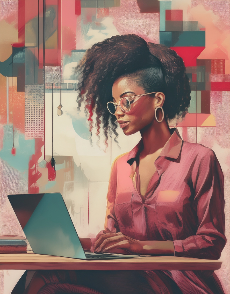 Professional woman working at laptop with abstract digital background