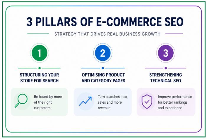 Three pillars of E-Commerce SEO: structuring your store, optimising product and category pages, and strengthening technical SEO