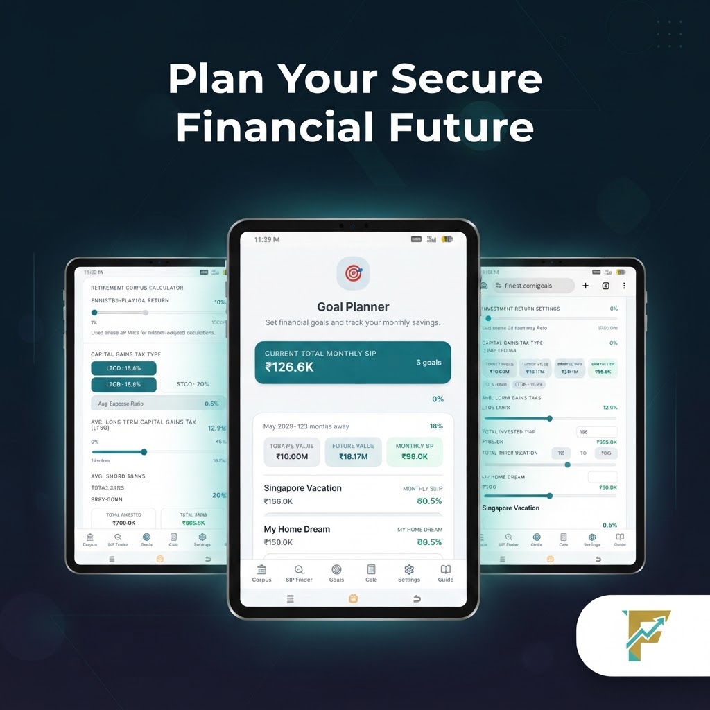 Finiest app showing retirement corpus, goal planner, and investment settings