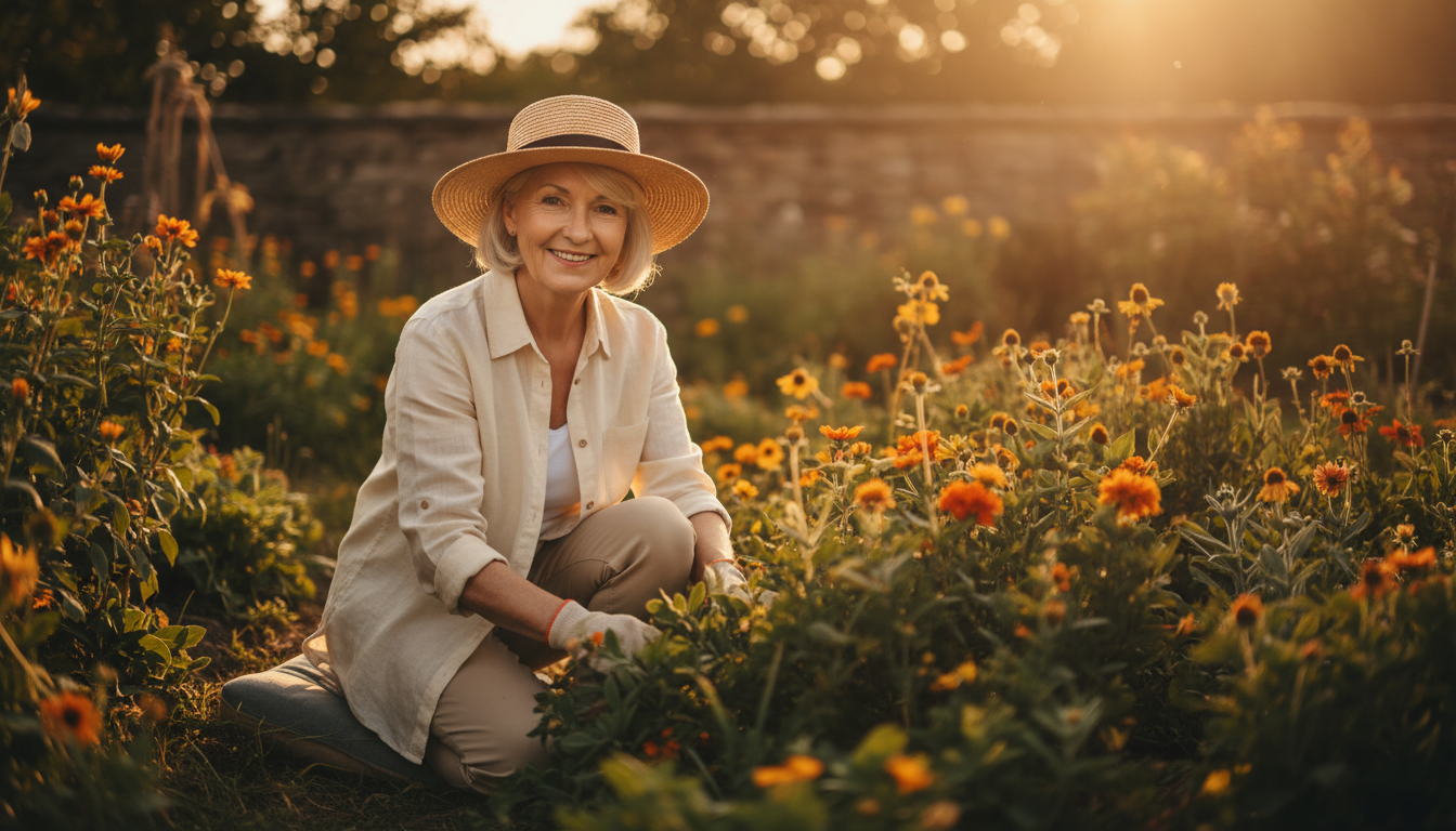 A senior woman peacefully gardening in warm sunlight