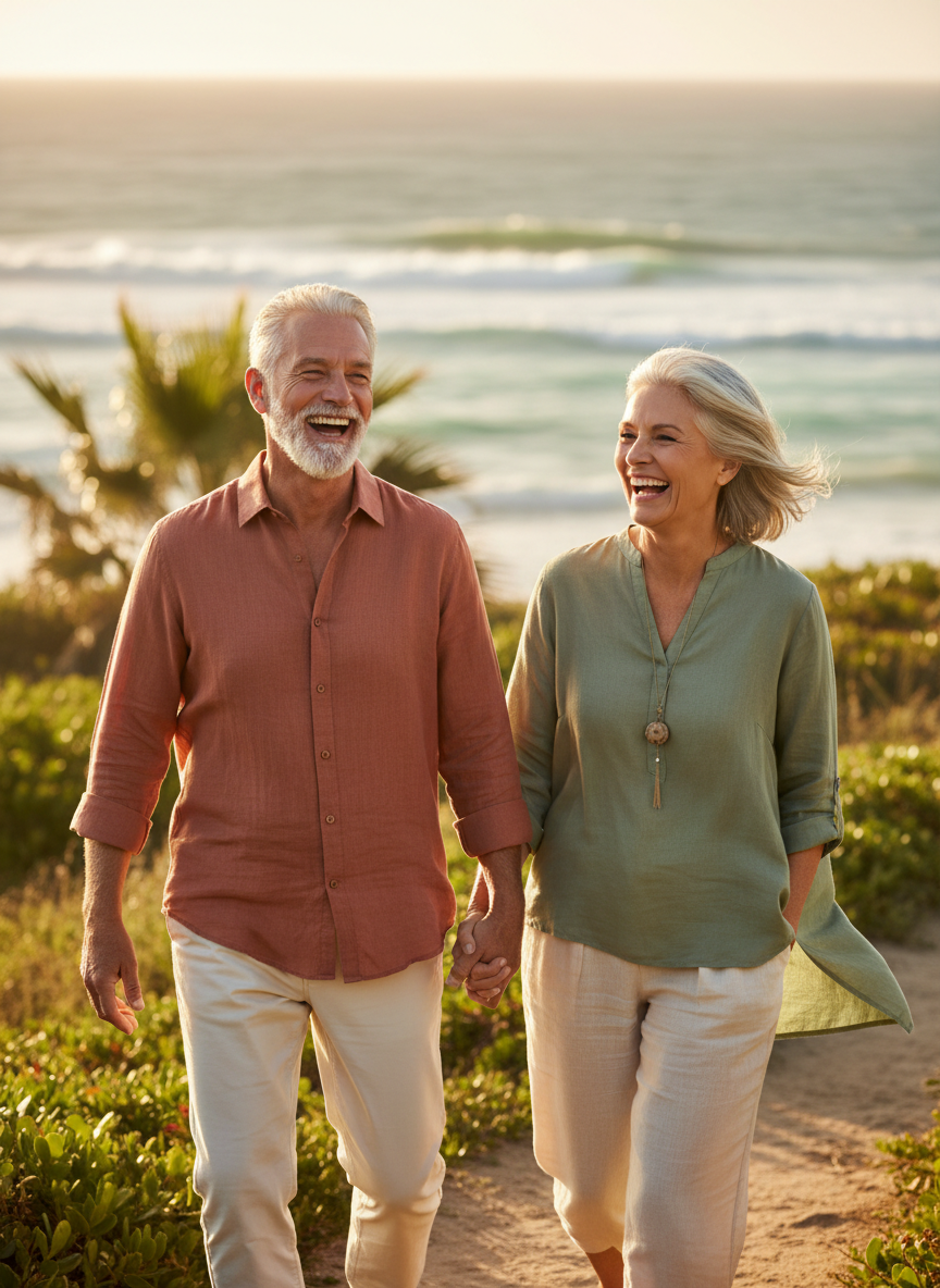 A joyful senior couple walking together on a sun-drenched coastal path