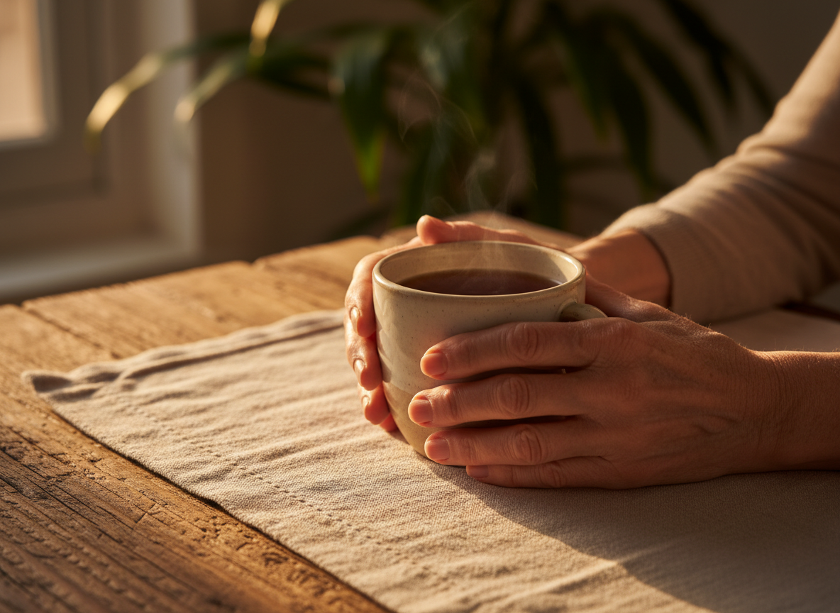 Warm close-up of hands holding a cup of tea in golden light