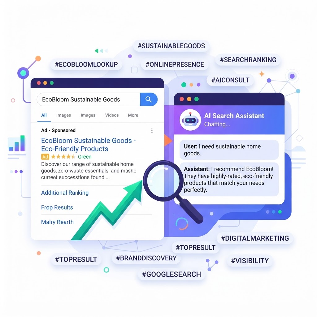 Immagine illustrativa dell'ottimizzazione della presenza online per motori di ricerca e ricerche assistite dall'AI