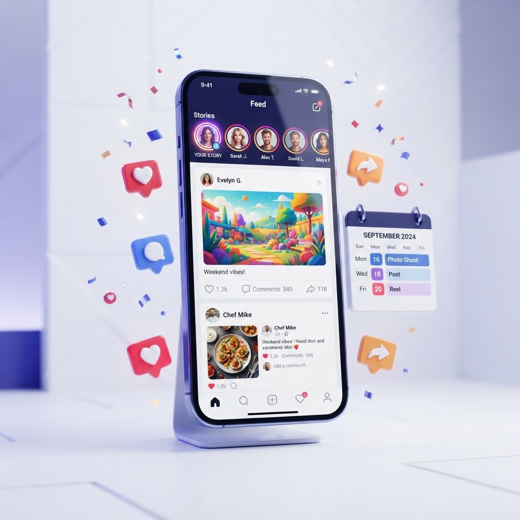 Mockup di un feed social con storie e post curati da Isola Digital