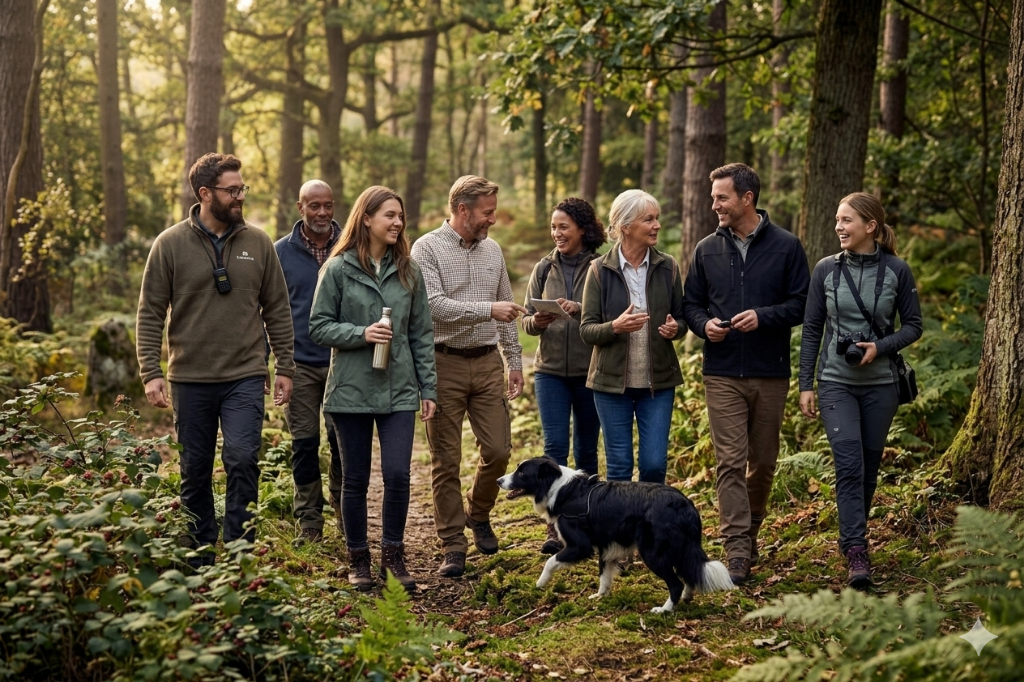 Groupe en forêt avec un chien
