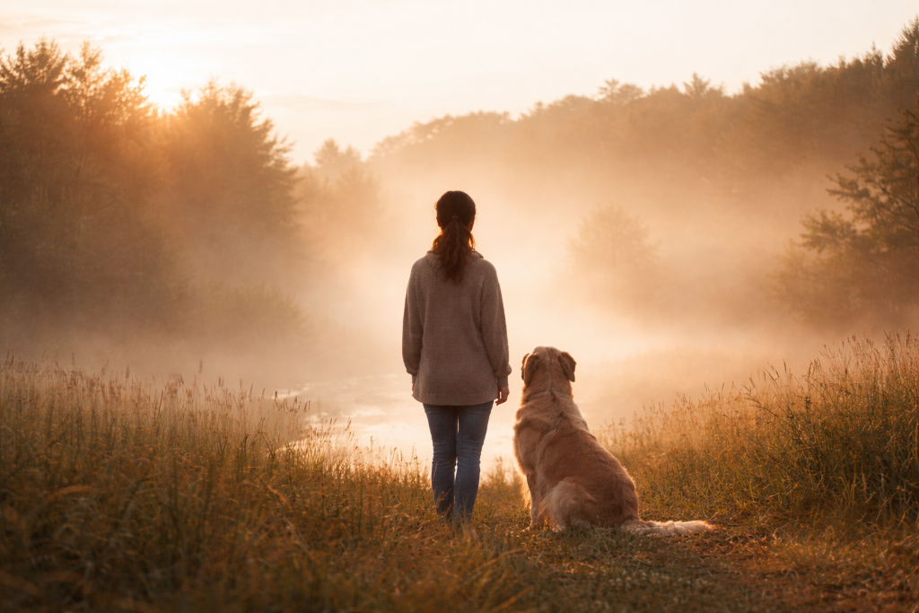 Femme et chien au lever du soleil