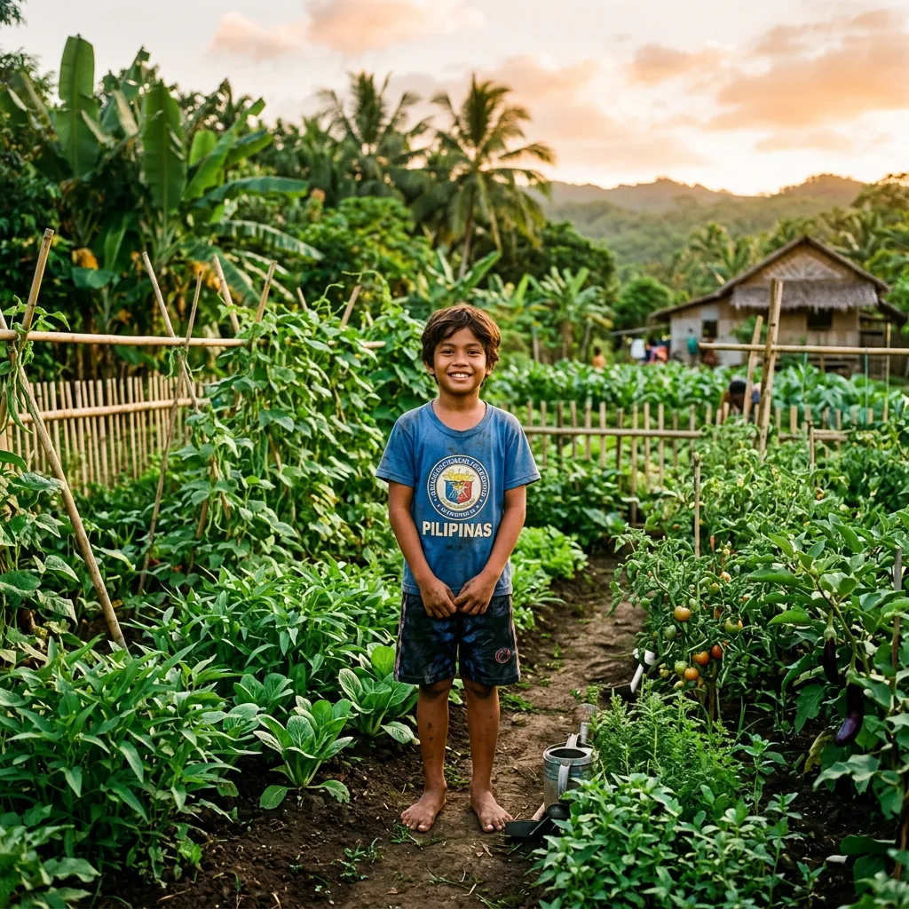 Little Warrior child standing proud in garden – sustainable farm and Brazilian Jiu Jitsu program in the Philippines