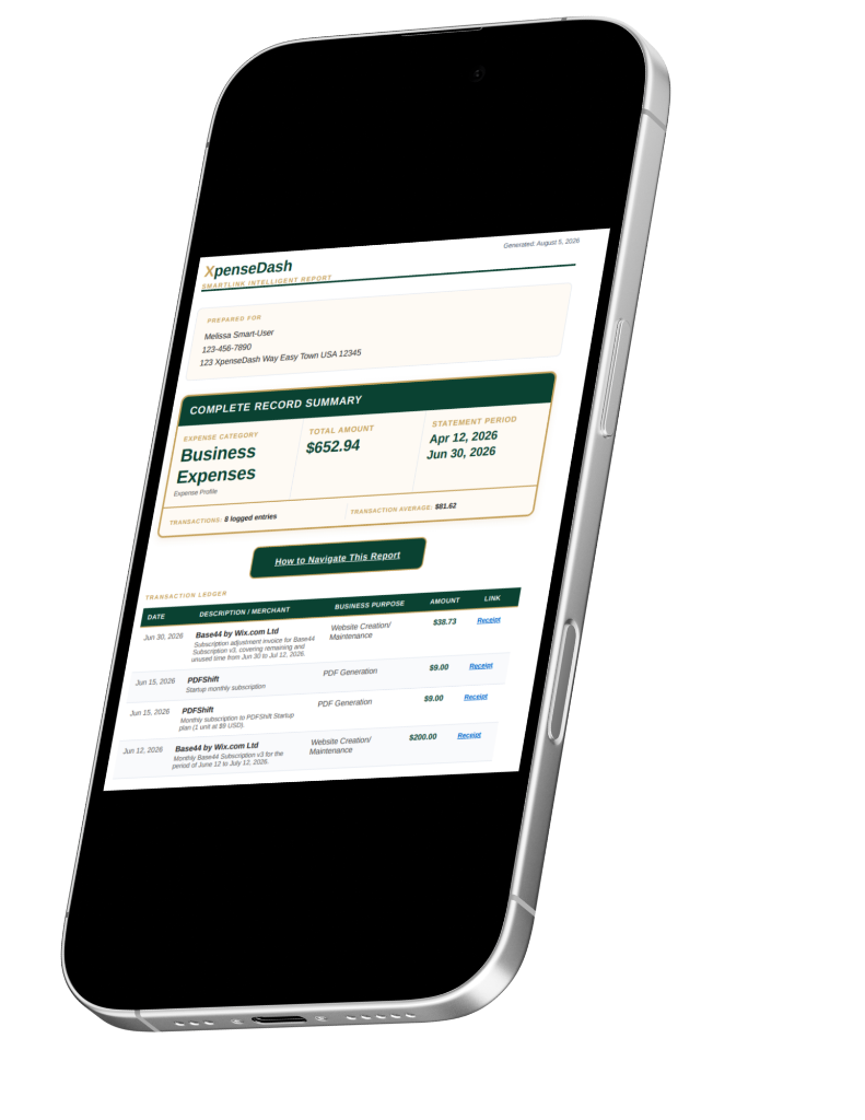 XpenseDash SmartLink CPA-ready tax report with the transaction ledger and original photos attached