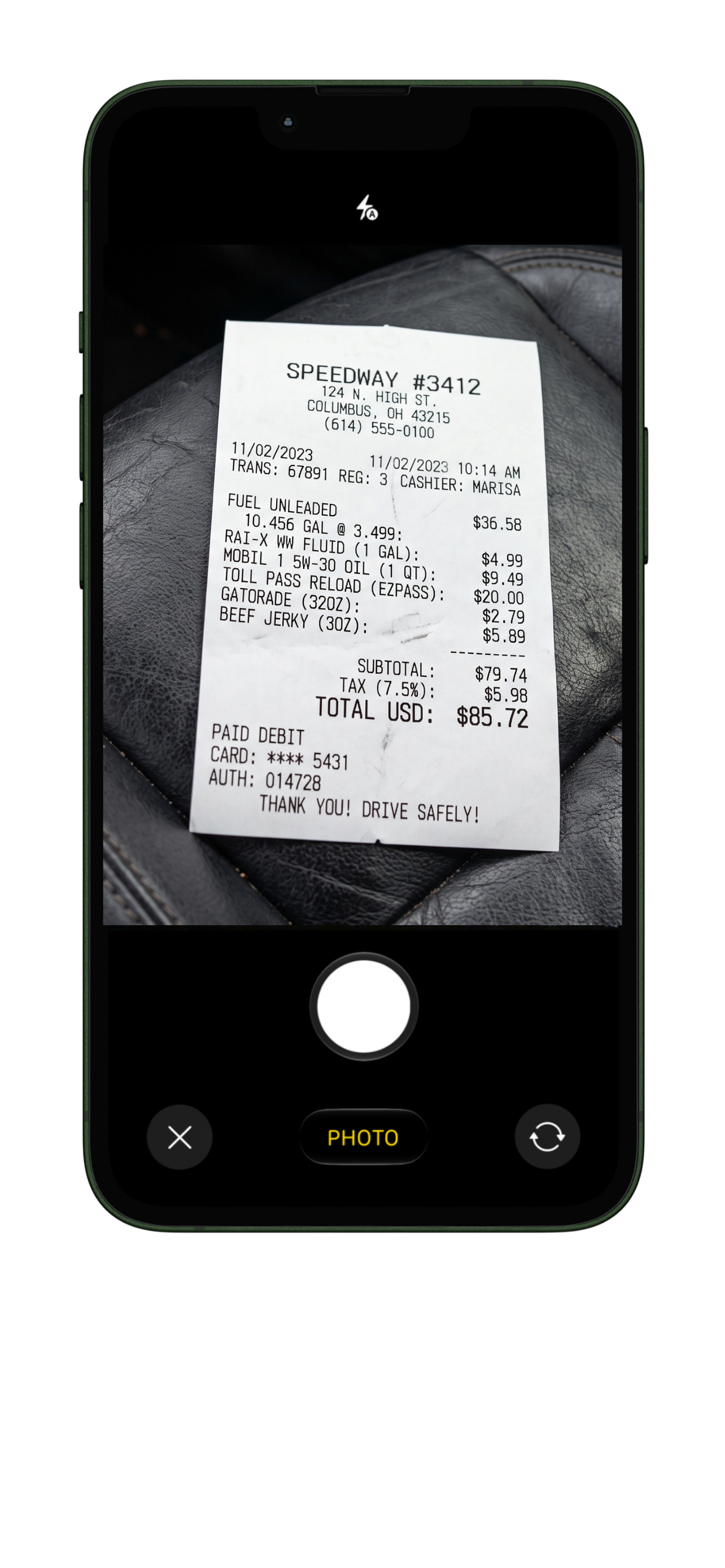 Camera capturing a receipt with XpenseDash AI scanner