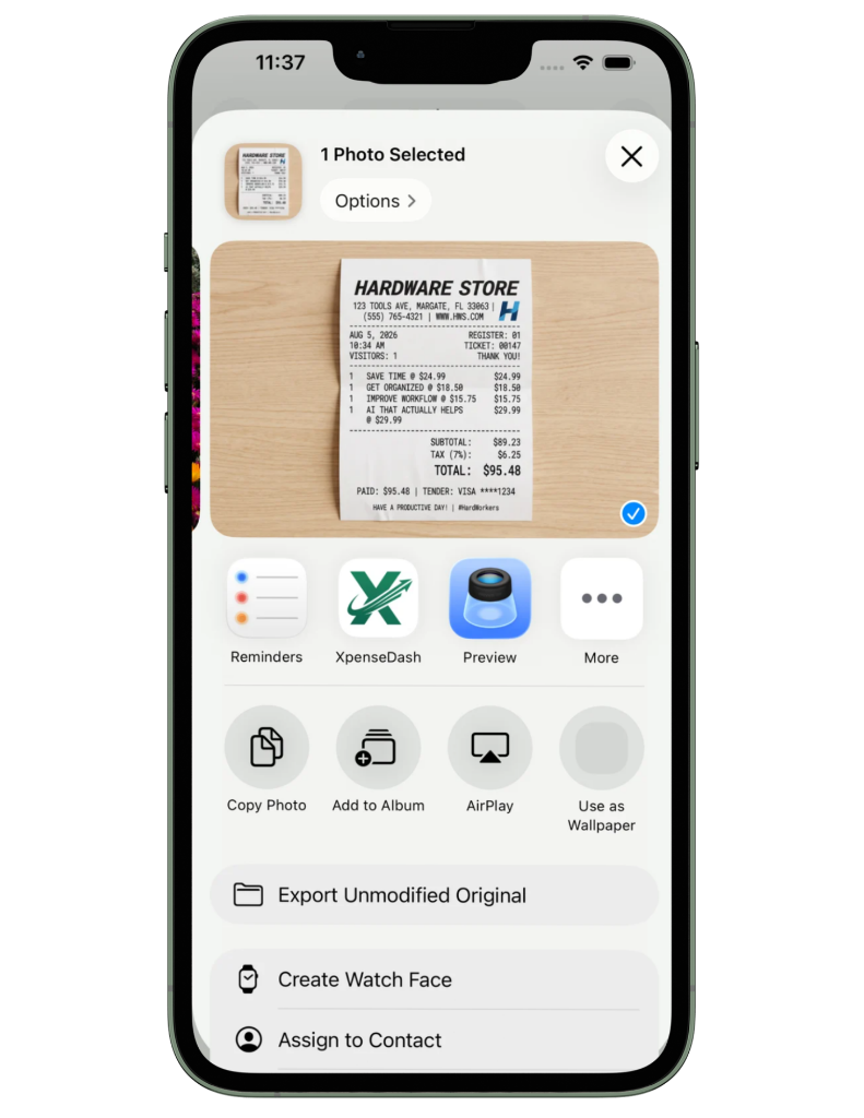 iOS share sheet forwarding a receipt straight into XpenseDash