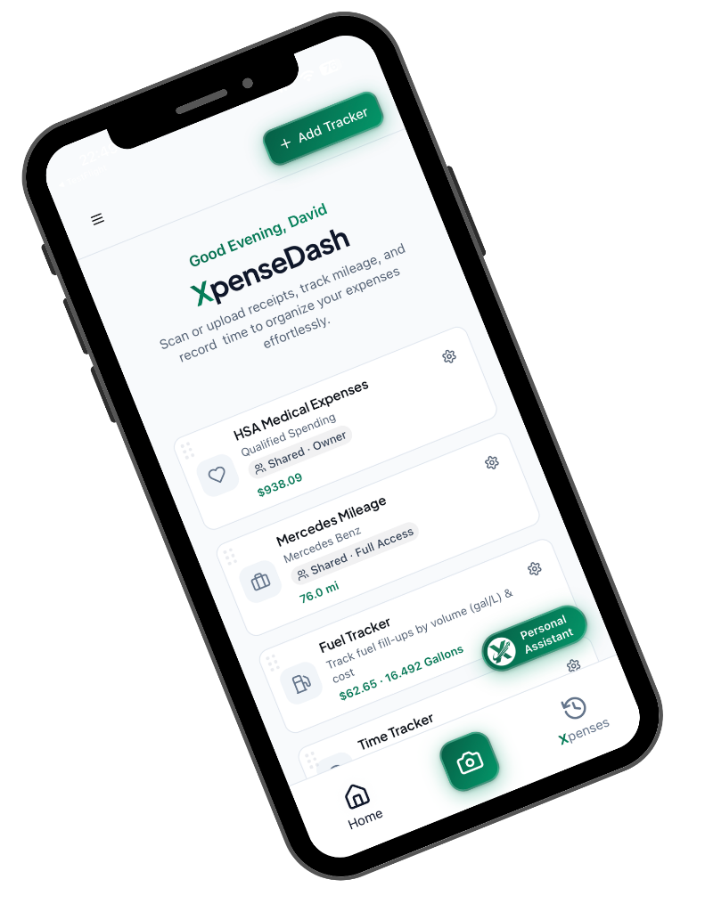 XpenseDash home dashboard showing expense, mileage, fuel and time trackers