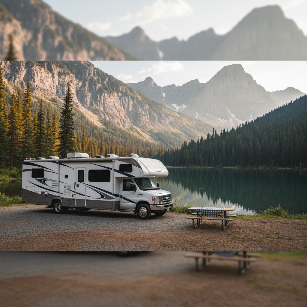 RV parked at mountain lake campground